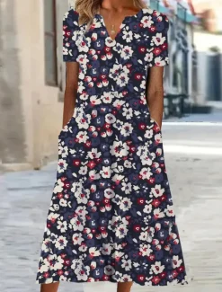 Women's Midi Dress Shift Dress Summer Dress Print Dress Active Fashion Streetwear Outdoor Vacation Date Regular Fit Floral Short Sleeve V Neck Blue Green Gray Summer Spring Women Spring Dresses|Casual Dress