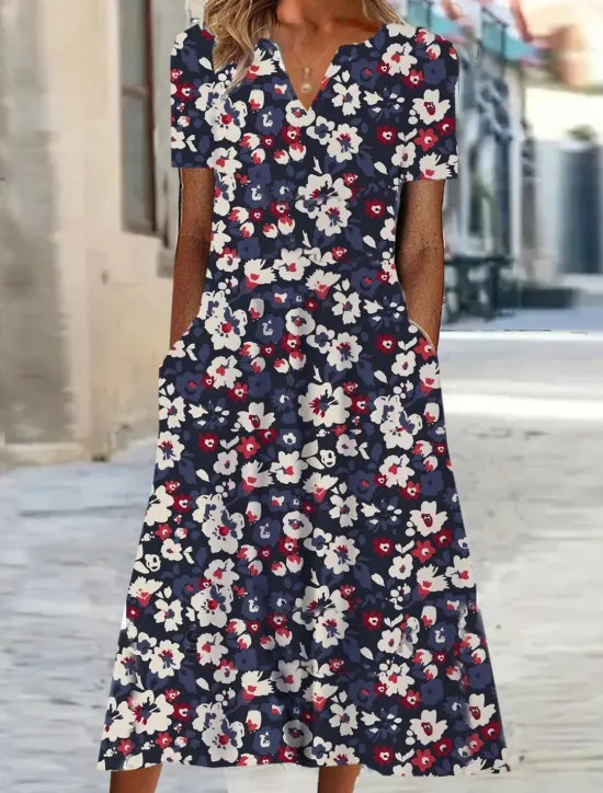 Women's Midi Dress Shift Dress Summer Dress Print Dress Active Fashion Streetwear Outdoor Vacation Date Regular Fit Floral Short Sleeve V Neck Blue Green Gray Summer Spring Women Spring Dresses|Casual Dress