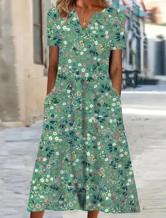 Women's Midi Dress Shift Dress Summer Dress Print Dress Active Fashion Streetwear Outdoor Vacation Date Regular Fit Floral Short Sleeve V Neck Blue Green Gray Summer Spring Women Spring Dresses|Casual Dress