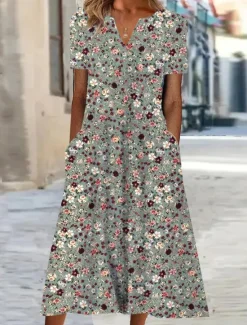 Women's Midi Dress Shift Dress Summer Dress Print Dress Active Fashion Streetwear Outdoor Vacation Date Regular Fit Floral Short Sleeve V Neck Blue Green Gray Summer Spring Women Spring Dresses|Casual Dress