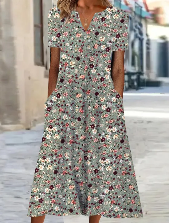 Women's Midi Dress Shift Dress Summer Dress Print Dress Active Fashion Streetwear Outdoor Vacation Date Regular Fit Floral Short Sleeve V Neck Blue Green Gray Summer Spring Women Spring Dresses|Casual Dress