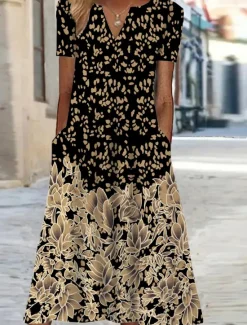 New Women's Midi Dress Shift Dress Floral Pocket Print V Neck Vacation Short Sleeve Summer Spring Women Spring Dresses|Casual Dress