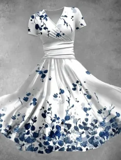 Best Women's Midi Dress Shift Dress Summer Dress Elegant Vacation Casual Regular Fit Floral Graphic Short Sleeve V Neck Red Blue Light Blue Summer Spring Women Casual Dress