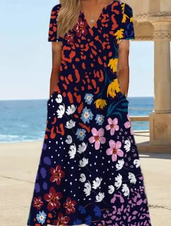 Women's Midi Dress Shift Dress Sundress Floral Pocket Print V Neck Date Vacation Short Sleeve Summer Spring Women Spring Dresses|Vacation Dresses