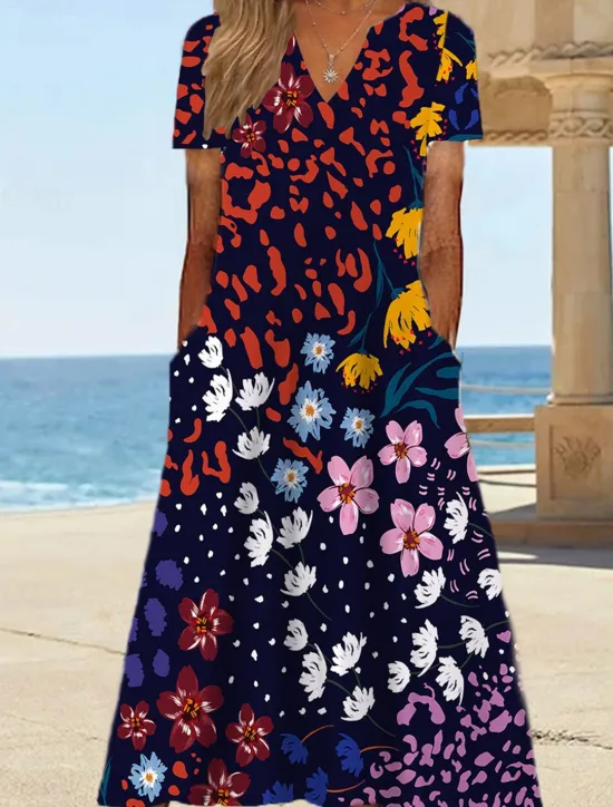 Women's Midi Dress Shift Dress Sundress Floral Pocket Print V Neck Date Vacation Short Sleeve Summer Spring Women Spring Dresses|Vacation Dresses