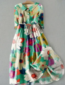 Women's Midi Dress Shift Dress Casual Daily Regular Fit Graphic Geometric Half Sleeve Lapel Pink Blue Green Summer Spring Women Casual Dress