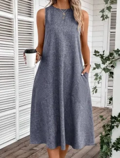 Online Women's Midi Dress Shift Dress Summer Dress Casual Daily Regular Fit Solid Color Sleeveless Crew Neck Pink Navy Blue Blue Summer Women Sundresses