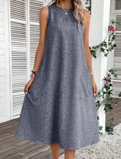 Online Women's Midi Dress Shift Dress Summer Dress Casual Daily Regular Fit Solid Color Sleeveless Crew Neck Pink Navy Blue Blue Summer Women Sundresses