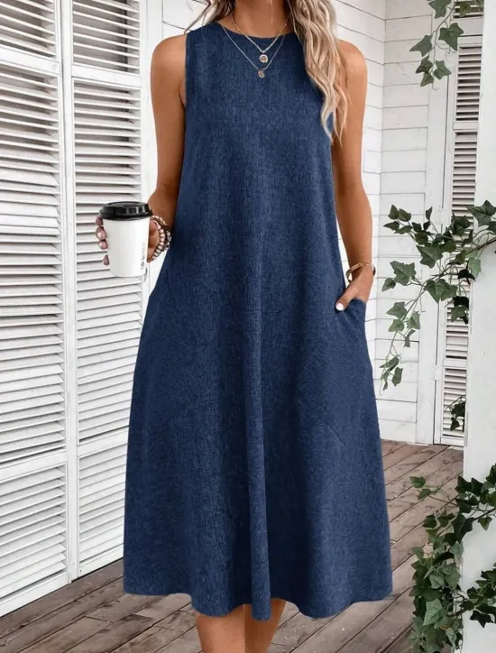 Online Women's Midi Dress Shift Dress Summer Dress Casual Daily Regular Fit Solid Color Sleeveless Crew Neck Pink Navy Blue Blue Summer Women Sundresses