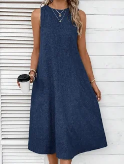 Online Women's Midi Dress Shift Dress Summer Dress Casual Daily Regular Fit Solid Color Sleeveless Crew Neck Pink Navy Blue Blue Summer Women Sundresses