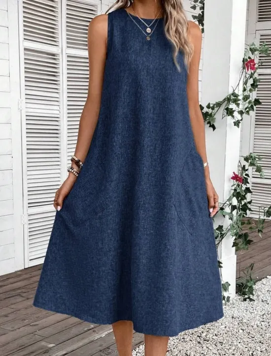 Online Women's Midi Dress Shift Dress Summer Dress Casual Daily Regular Fit Solid Color Sleeveless Crew Neck Pink Navy Blue Blue Summer Women Sundresses