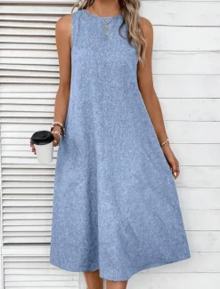 Online Women's Midi Dress Shift Dress Summer Dress Casual Daily Regular Fit Solid Color Sleeveless Crew Neck Pink Navy Blue Blue Summer Women Sundresses