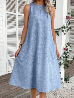 Online Women's Midi Dress Shift Dress Summer Dress Casual Daily Regular Fit Solid Color Sleeveless Crew Neck Pink Navy Blue Blue Summer Women Sundresses