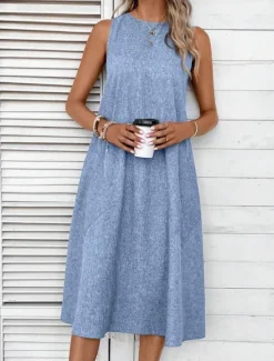 Online Women's Midi Dress Shift Dress Summer Dress Casual Daily Regular Fit Solid Color Sleeveless Crew Neck Pink Navy Blue Blue Summer Women Sundresses