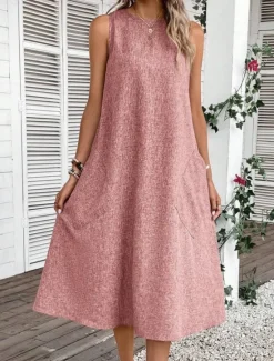 Online Women's Midi Dress Shift Dress Summer Dress Casual Daily Regular Fit Solid Color Sleeveless Crew Neck Pink Navy Blue Blue Summer Women Sundresses