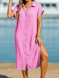 Sale Women's Midi Dress Shirt Dress Classic Modern Outdoor Vacation Holiday Regular Fit Plain Short Sleeve Shirt Collar Pink Blue Purple Khaki Summer Women T Shirt Dresses