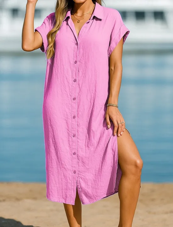 Sale Women's Midi Dress Shirt Dress Classic Modern Outdoor Vacation Holiday Regular Fit Plain Short Sleeve Shirt Collar Pink Blue Purple Khaki Summer Women T Shirt Dresses