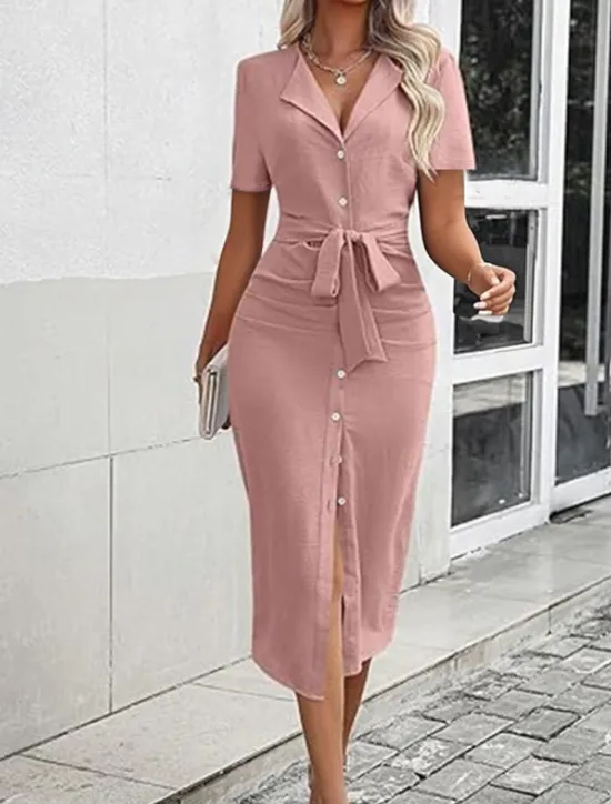Sale Women's Midi Dress Shirt Dress Fashion Modern Vacation Going out Weekend Regular Fit Plain Short Sleeve Shirt Collar Black Pink Blue Khaki Summer Women T Shirt Dresses