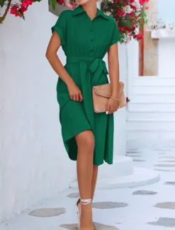 Outlet Women's Midi Dress Shirt Dress Casual Dress A Line Dress Stylish Formal Work Daily Regular Fit Plain Short Sleeve Shirt Collar Pink Green Summer Spring Women Work Dresses