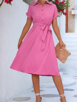 Outlet Women's Midi Dress Shirt Dress Casual Dress A Line Dress Stylish Formal Work Daily Regular Fit Plain Short Sleeve Shirt Collar Pink Green Summer Spring Women Work Dresses