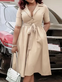 New Women's Midi Dress Shirt Dress A Line Dress Elegant Formal Work Regular Fit Plain Half Sleeve Shirt Collar Red Royal Blue Apricot Summer Women Work Dresses