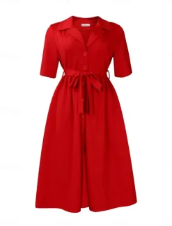 New Women's Midi Dress Shirt Dress A Line Dress Elegant Formal Work Regular Fit Plain Half Sleeve Shirt Collar Red Royal Blue Apricot Summer Women Work Dresses