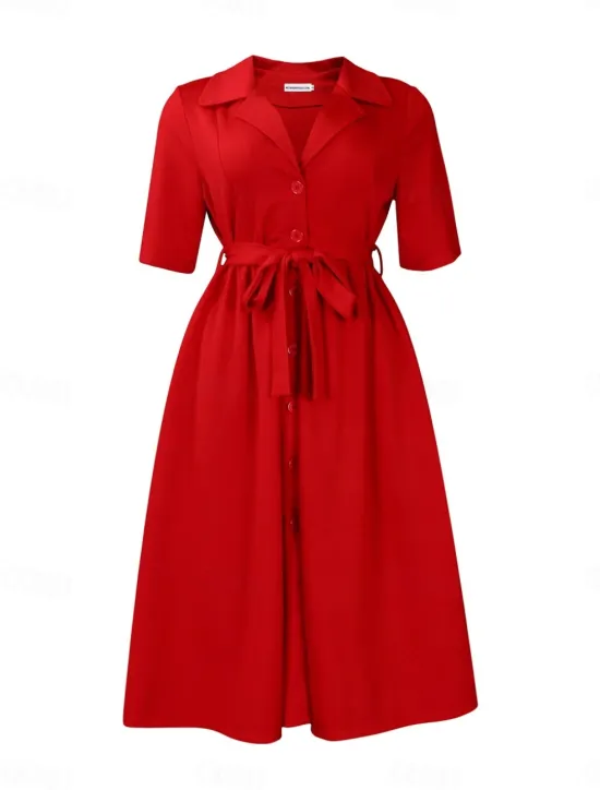 New Women's Midi Dress Shirt Dress A Line Dress Elegant Formal Work Regular Fit Plain Half Sleeve Shirt Collar Red Royal Blue Apricot Summer Women Work Dresses