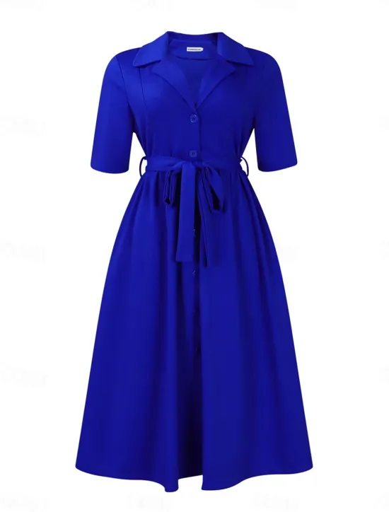 New Women's Midi Dress Shirt Dress A Line Dress Elegant Formal Work Regular Fit Plain Half Sleeve Shirt Collar Red Royal Blue Apricot Summer Women Work Dresses