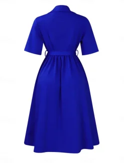 New Women's Midi Dress Shirt Dress A Line Dress Elegant Formal Work Regular Fit Plain Half Sleeve Shirt Collar Red Royal Blue Apricot Summer Women Work Dresses