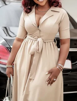 New Women's Midi Dress Shirt Dress A Line Dress Elegant Formal Work Regular Fit Plain Half Sleeve Shirt Collar Red Royal Blue Apricot Summer Women Work Dresses