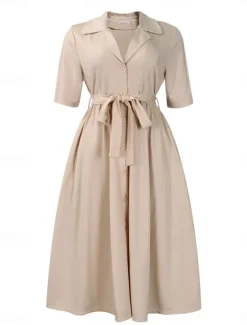 New Women's Midi Dress Shirt Dress A Line Dress Elegant Formal Work Regular Fit Plain Half Sleeve Shirt Collar Red Royal Blue Apricot Summer Women Work Dresses