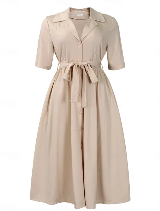 New Women's Midi Dress Shirt Dress A Line Dress Elegant Formal Work Regular Fit Plain Half Sleeve Shirt Collar Red Royal Blue Apricot Summer Women Work Dresses