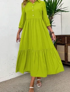 Sale Women's Midi Dress Shirt Dress Fashion Modern Outdoor Vacation Holiday Regular Fit Plain 3/4 Length Sleeve Shirt Collar Black Green Light Blue Summer Women Vacation Dresses