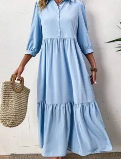 Sale Women's Midi Dress Shirt Dress Fashion Modern Outdoor Vacation Holiday Regular Fit Plain 3/4 Length Sleeve Shirt Collar Black Green Light Blue Summer Women Vacation Dresses