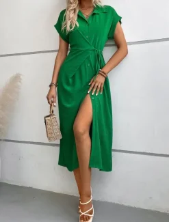 Best Women's Midi Dress Shirt Dress Casual Dress Wrap Dress Stylish Basic Casual Vacation Daily Regular Fit Plain Short Sleeve Shirt Collar Black Green Summer Spring Women Work Dresses