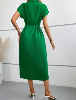 Best Women's Midi Dress Shirt Dress Casual Dress Wrap Dress Stylish Basic Casual Vacation Daily Regular Fit Plain Short Sleeve Shirt Collar Black Green Summer Spring Women Work Dresses