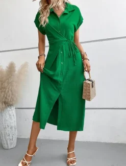 Best Women's Midi Dress Shirt Dress Casual Dress Wrap Dress Stylish Basic Casual Vacation Daily Regular Fit Plain Short Sleeve Shirt Collar Black Green Summer Spring Women Work Dresses