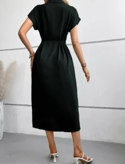 Best Women's Midi Dress Shirt Dress Casual Dress Wrap Dress Stylish Basic Casual Vacation Daily Regular Fit Plain Short Sleeve Shirt Collar Black Green Summer Spring Women Work Dresses