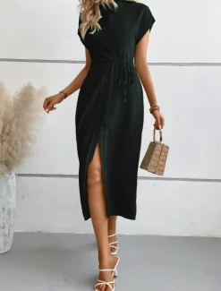 Best Women's Midi Dress Shirt Dress Casual Dress Wrap Dress Stylish Basic Casual Vacation Daily Regular Fit Plain Short Sleeve Shirt Collar Black Green Summer Spring Women Work Dresses