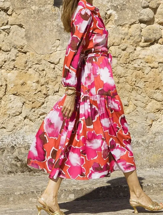 Sale Women's Midi Dress Shirt Dress Floral Dress Print Dress Classic Modern Outdoor Daily Holiday Regular Fit Flower Long Sleeve Shirt Collar Blue Rose Red Summer Women Floral Dresses