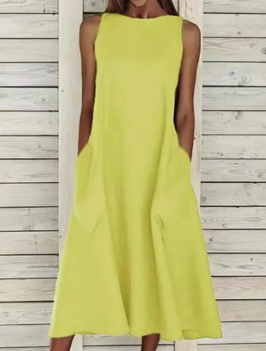 New Women's Midi Dress Sleeveless Pockets Casual A-Line Silhouette Round Neckline White Summer Versatile Regular Fit Comfortable Lightweight Breathable Clothing Apparel Women Dresses|White Dresses
