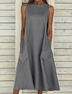 New Women's Midi Dress Sleeveless Pockets Casual A-Line Silhouette Round Neckline White Summer Versatile Regular Fit Comfortable Lightweight Breathable Clothing Apparel Women Dresses|White Dresses