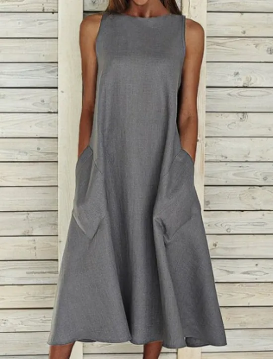 New Women's Midi Dress Sleeveless Pockets Casual A-Line Silhouette Round Neckline White Summer Versatile Regular Fit Comfortable Lightweight Breathable Clothing Apparel Women Dresses|White Dresses