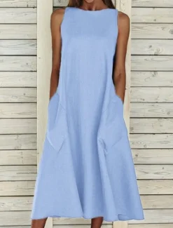 New Women's Midi Dress Sleeveless Pockets Casual A-Line Silhouette Round Neckline White Summer Versatile Regular Fit Comfortable Lightweight Breathable Clothing Apparel Women Dresses|White Dresses