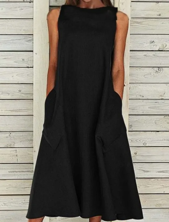 New Women's Midi Dress Sleeveless Pockets Casual A-Line Silhouette Round Neckline White Summer Versatile Regular Fit Comfortable Lightweight Breathable Clothing Apparel Women Dresses|White Dresses