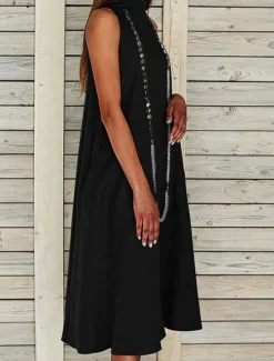 New Women's Midi Dress Sleeveless Pockets Casual A-Line Silhouette Round Neckline White Summer Versatile Regular Fit Comfortable Lightweight Breathable Clothing Apparel Women Dresses|White Dresses