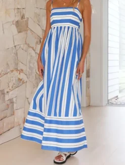 Hot Women's Midi Dress Slip Dress Classic Modern Outdoor Vacation Holiday Regular Fit Striped Sleeveless Spaghetti Strap Yellow Light Green Wine Red Summer Women Casual Dress