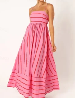Hot Women's Midi Dress Slip Dress Classic Modern Outdoor Vacation Holiday Regular Fit Striped Sleeveless Spaghetti Strap Yellow Light Green Wine Red Summer Women Casual Dress