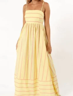 Hot Women's Midi Dress Slip Dress Classic Modern Outdoor Vacation Holiday Regular Fit Striped Sleeveless Spaghetti Strap Yellow Light Green Wine Red Summer Women Casual Dress