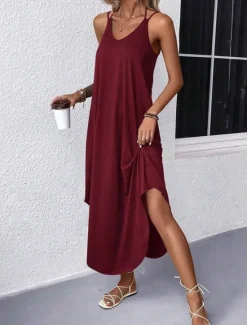 Best Women's Midi Dress Stylish Basic Sexy Vacation Daily Regular Fit Plain Sleeveless V Neck Black Wine Army Green Summer Women Vacation Dresses